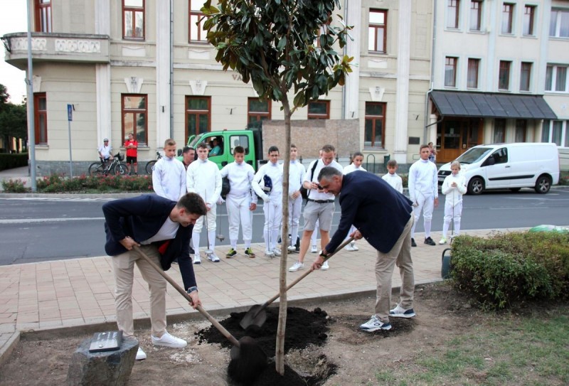 Siklósi Gergely olimpiai bajnok szombaton este fát ültetett Tapolcán a Hősök terén, Boczkó Gábor segítségével  Fotó: Szijártó János / Napló