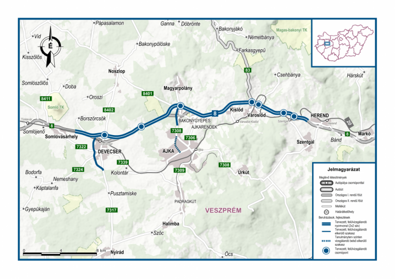 A 8-as főút fejlesztésének jelenlegi ütemében négysávosítás, elkerülők és új csomópont valósulhat meg Herend és Devecser között Forrás: Építési és Közlekedési Minisztérium/beruhazas.gov.hu